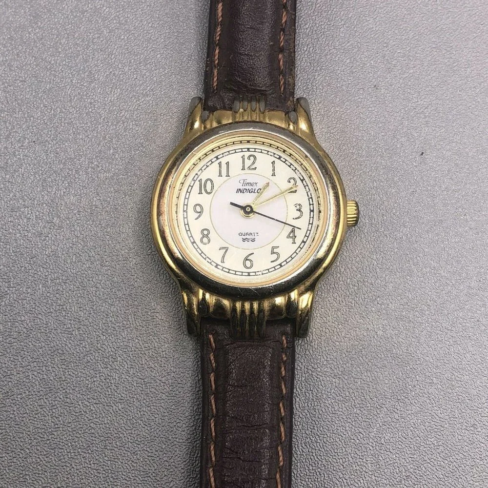 3/$30 Timex Watch Womens Round Gold Tone Case Brown Leather Band New Battery 9"